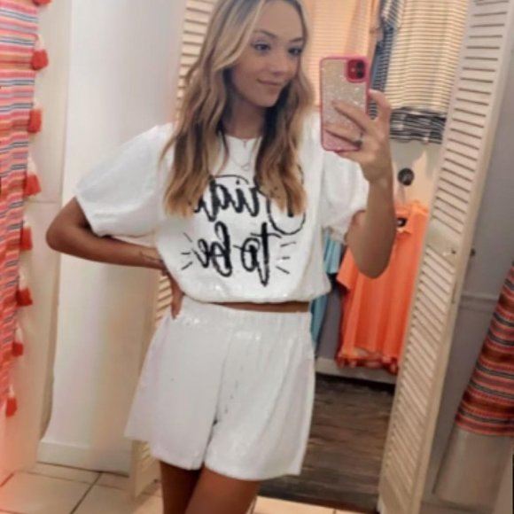 White Sequin Shorts. Perfect to pair with Bride to Be top - Picture 2 of 5